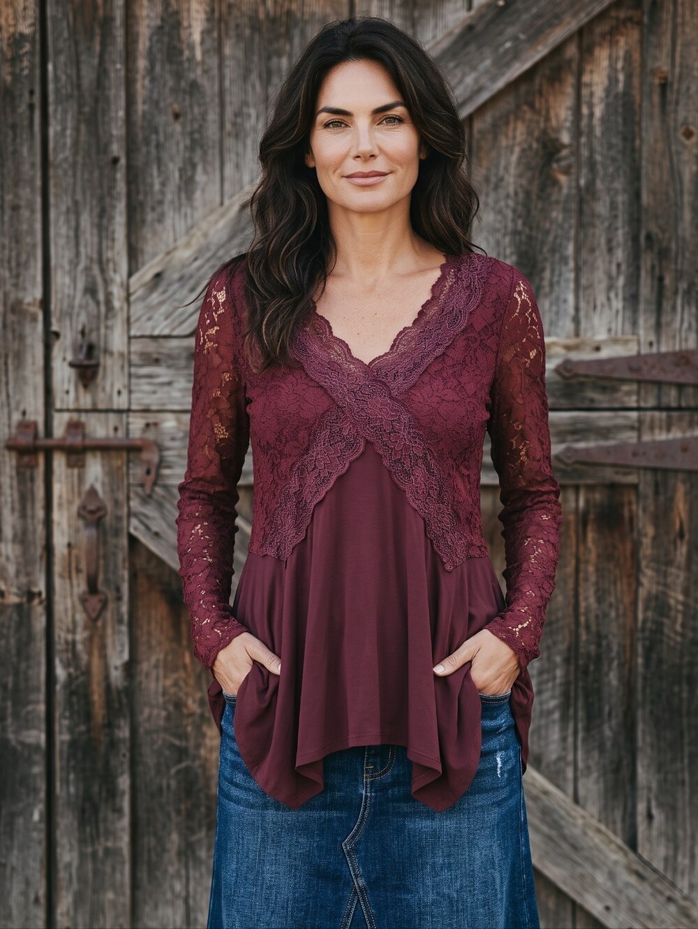 Buckle Gimmicks Burgundy Lace Crossover Long Sleeve Top